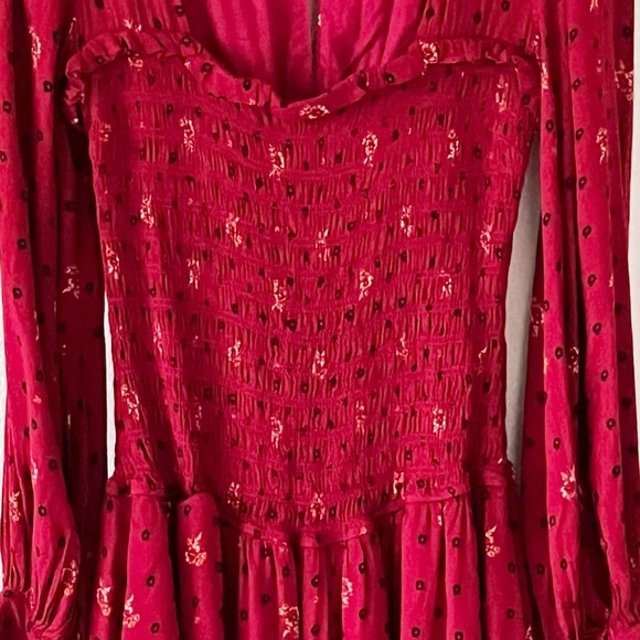 Free People Flirty Coquette Smocked Mini Dress Red Floral Puff Sleeve Size Small - Picture 4 of 14